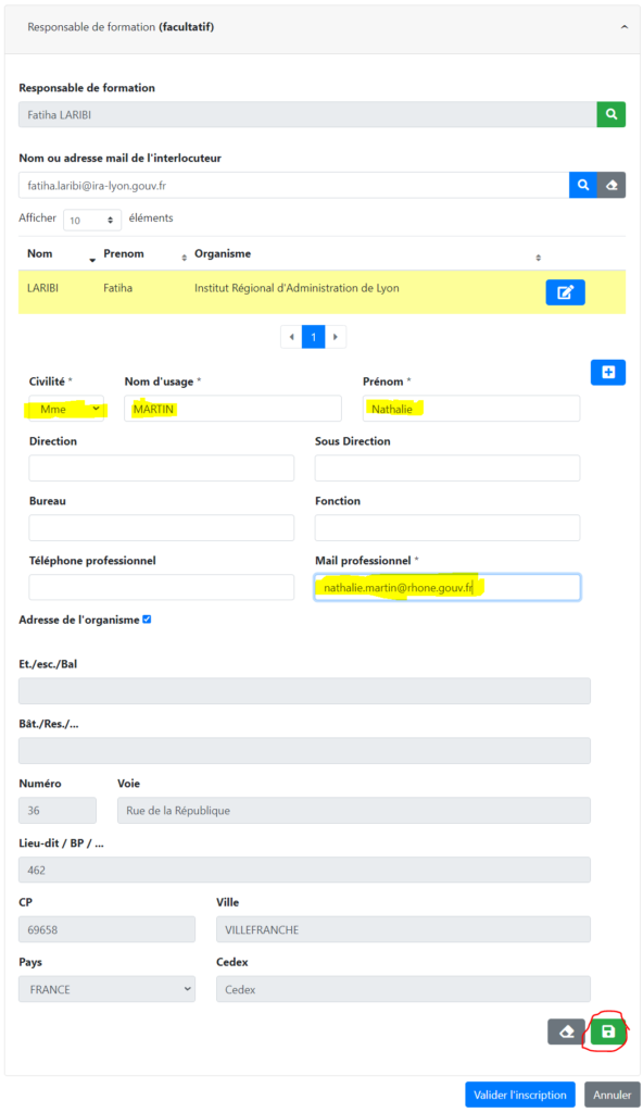 Renseignement des informations concernant un nouveau responsable de formation (Nom, Prénom, Direction, sous-direction, bureau, fonction, téléphone, mail)