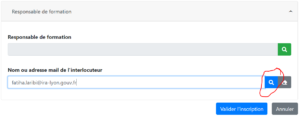 Recherche du responsable de formation par son adresse mail ou son nom, en cliquant sur le bouton bleu représentant une loupe
