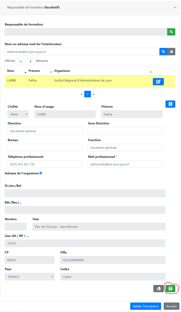 Modification ou validation des informations concernant le responsable de formation