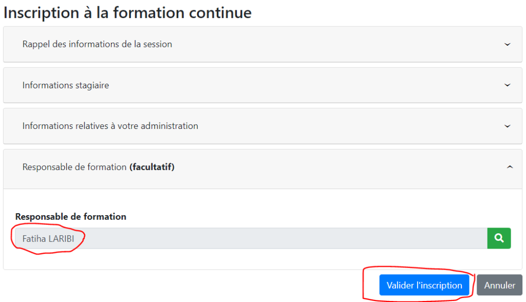 Validation de la demande d'inscription en cliquant sur le bouton "Valider l'inscription"