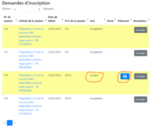 Liste des sessions à payer avec bouton de paiement en ligne