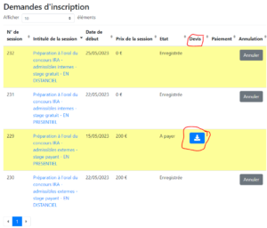 Liste des sessions avec indication "A payer" et bouton pour télécharger le devis