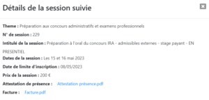 Détail d'une session suivie, avec lien pour téléchargement de la facture et de l'attestation de présence